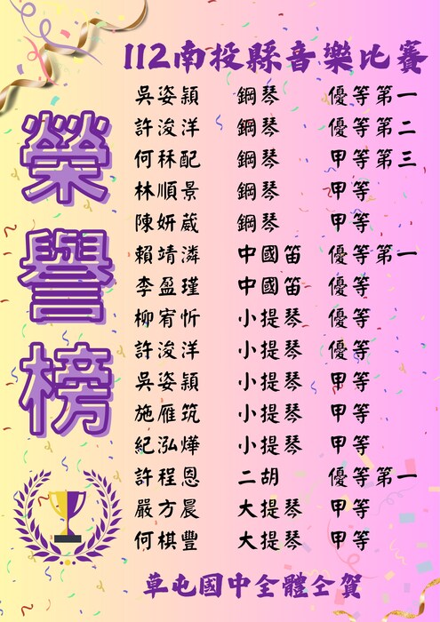 音樂班個人賽成績優異榮譽榜
